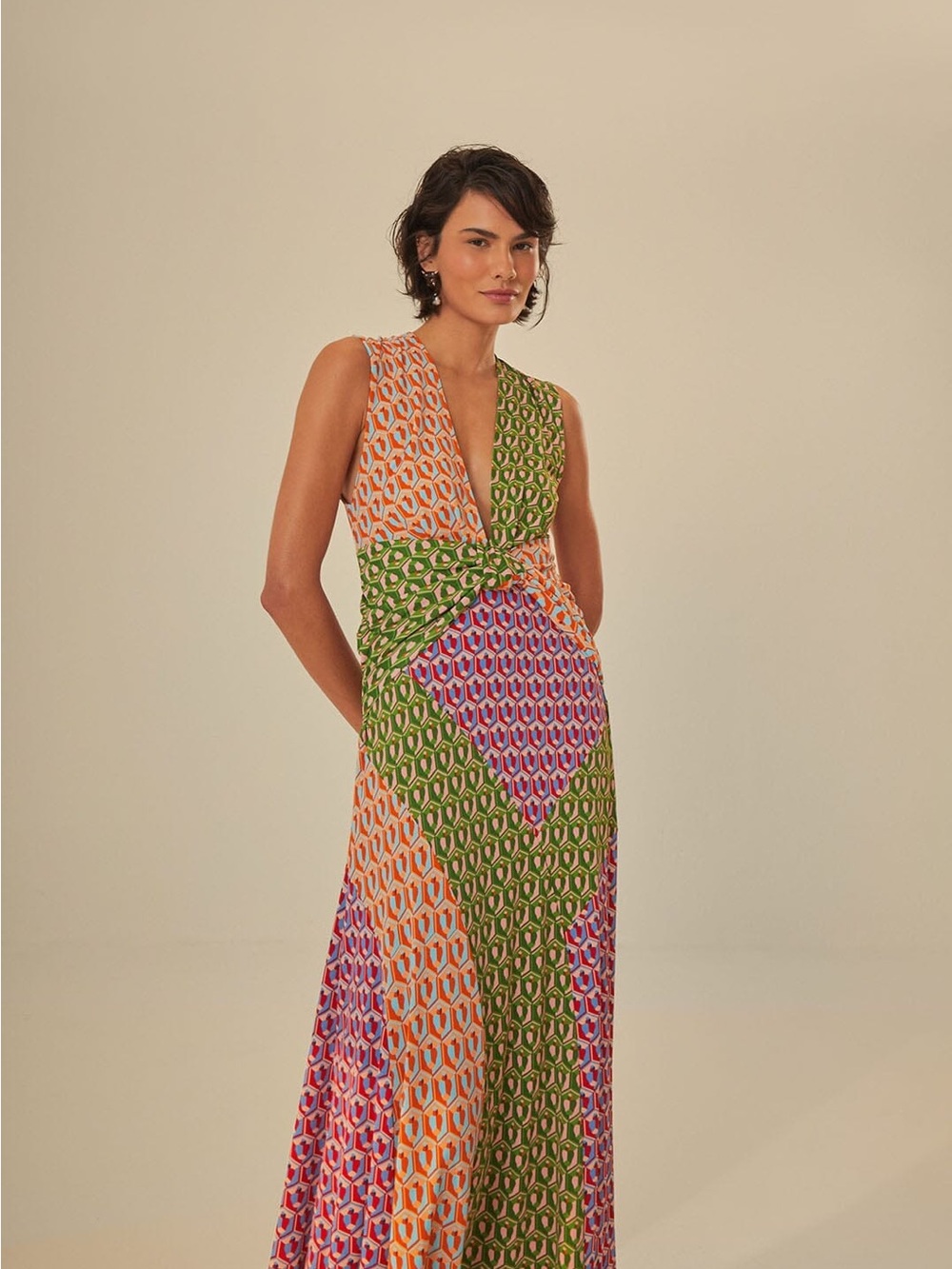FARM Rio Cashew Mix Knot Maxi Dress Womens XXS Multicolored NWT Plunging V-Neck - Picture 2 of 12